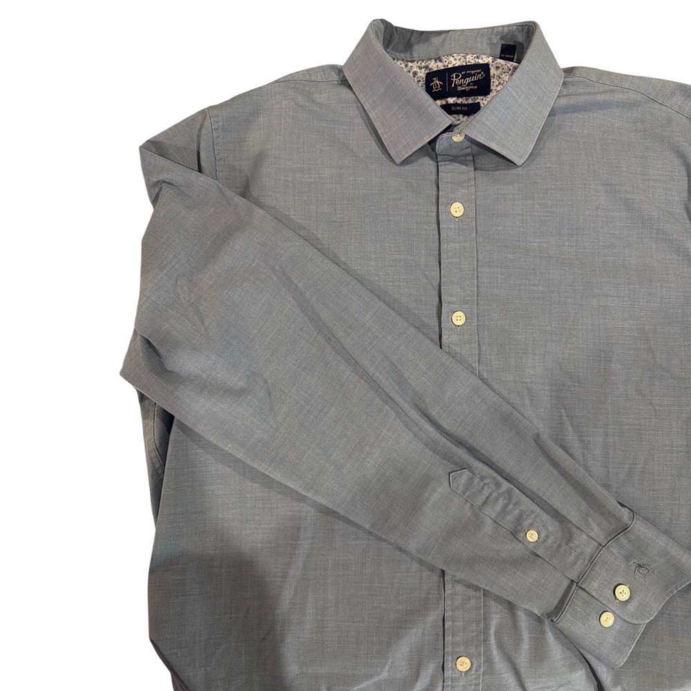 Original Penguin Mens Slim‎ Fit Long Sleeve Button Down Shirt Blue Textured L